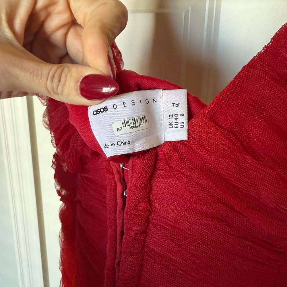 ASOS Design Tall dropped waist corset mesh fringe red midi Dress - size 8 - Picture 5 of 7